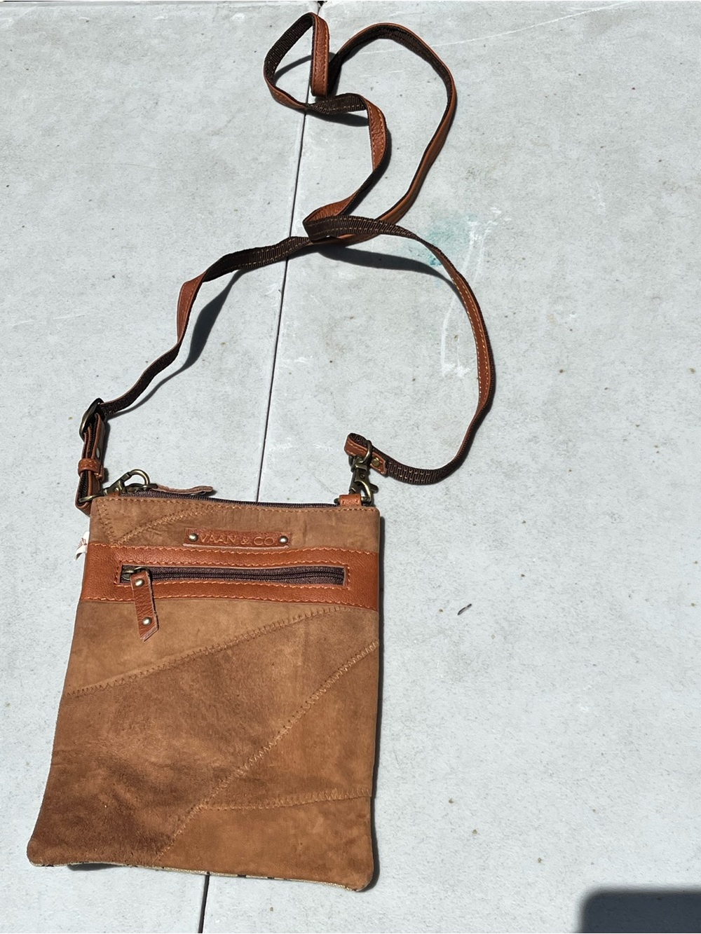 Vaan & Co. Leather Suede Map Print Crossbody Bag Brown Tan Boho Travel Purse